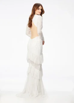 Ashley Lauren - Beaded V-Neck Gown With Sleeves And Ruffles | Runway Fashion Haus -Fashion Dress Shop 11199 b.2000