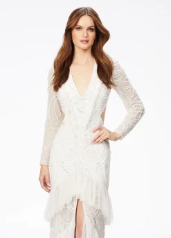 Ashley Lauren - Beaded V-Neck Gown With Sleeves And Ruffles | Runway Fashion Haus -Fashion Dress Shop 11199 c.2000