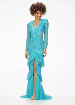 Ashley Lauren - Beaded V-Neck Gown With Sleeves And Ruffles | Runway Fashion Haus