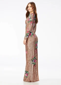 Ashley Lauren - Fully Beaded Long Sleeve Gown With Floral Details | Runway Fashion Haus -Fashion Dress Shop 11203 b.2000