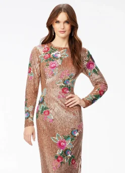Ashley Lauren - Fully Beaded Long Sleeve Gown With Floral Details | Runway Fashion Haus -Fashion Dress Shop 11203 c.2000