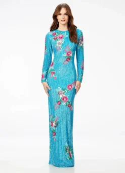 Ashley Lauren - Fully Beaded Long Sleeve Gown With Floral Details | Runway Fashion Haus