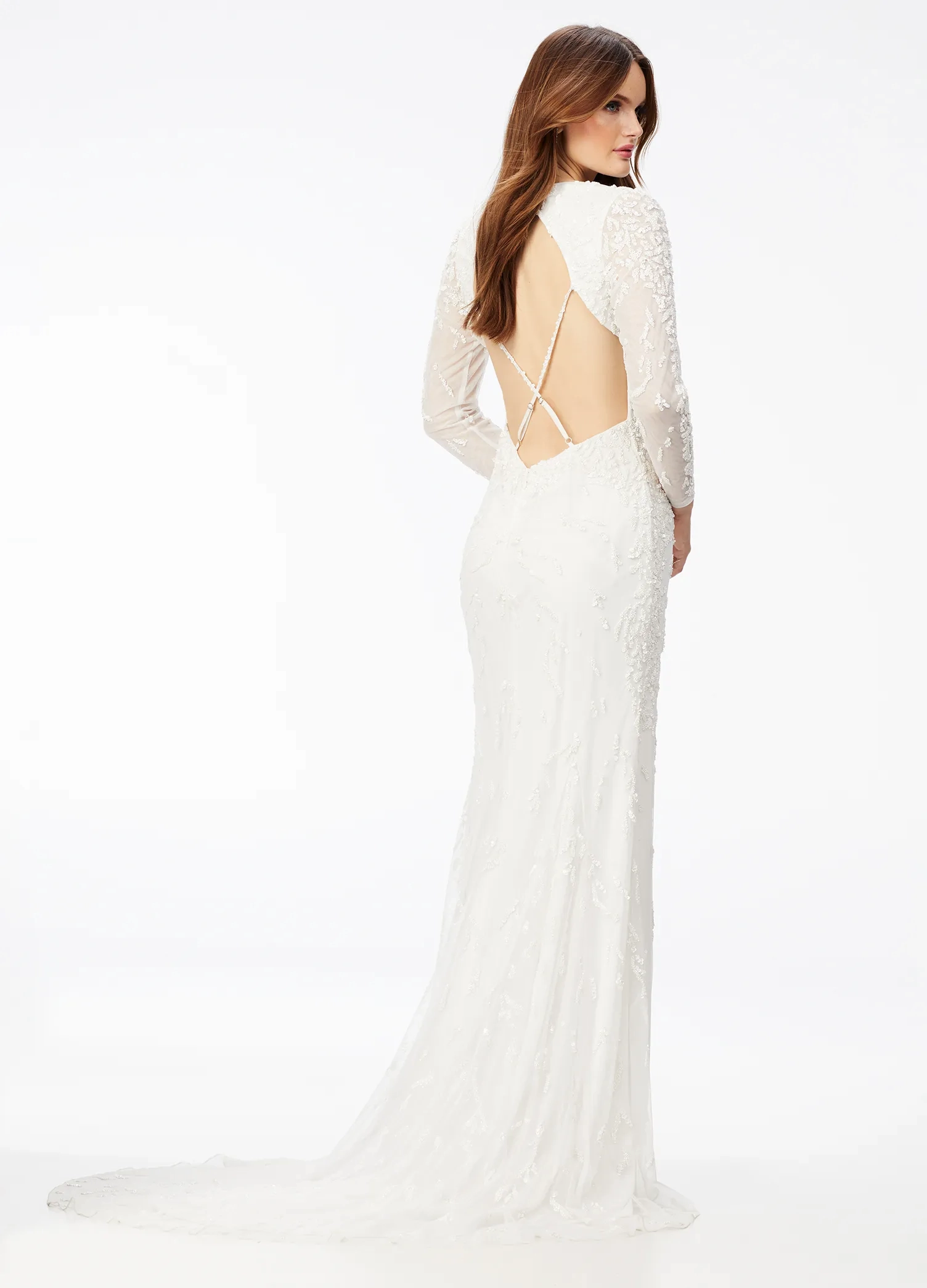 Ashley Lauren - Beaded V-Neck Gown With Sleeves And Open Back | Runway Fashion Haus 4 Ashley Lauren - Beaded V-Neck Gown With Sleeves And Open Back | Runway Fashion Haus - Image 4