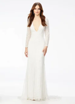 Ashley Lauren - Beaded V-Neck Gown With Sleeves And Open Back | Runway Fashion Haus