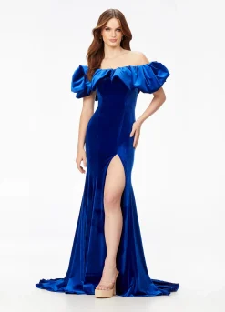 Ashley Lauren - Off Shoulder Velvet Gown With Oversized Ruffle | Runway Fashion Haus